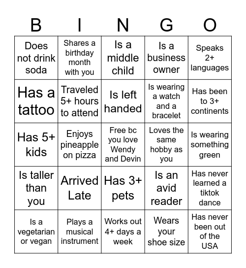 Get to know you Bingo Card
