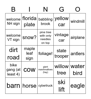 Vermont Fall Bingo Card