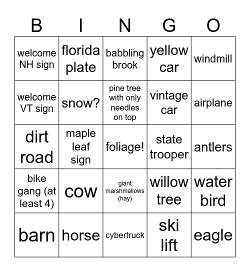 Vermont Fall Bingo Card