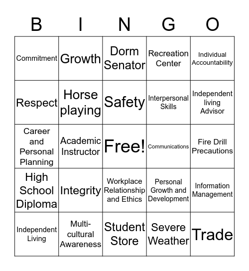 Turner Job Corps Bingo Card