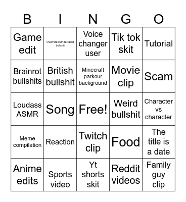YouTube shorts Bingo Card