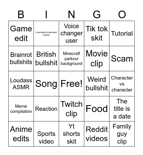 YouTube shorts Bingo Card