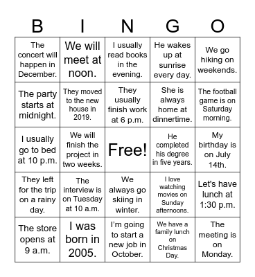 PREPOSITIONS OF TIME Bingo Card