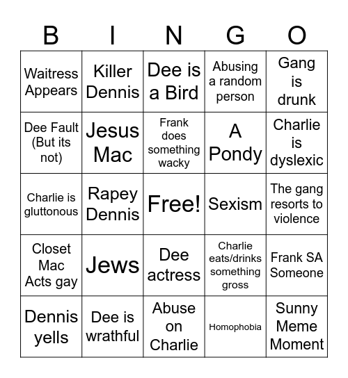 Its Always Sunny Bingo Card