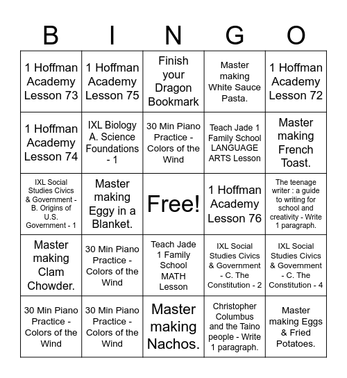 Ruby 10-7 to 10-12 Bingo Card