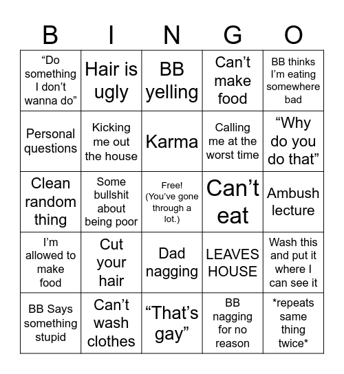 Terrible Stepmom BINGO Card