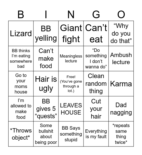 Terrible Stepmom BINGO Card