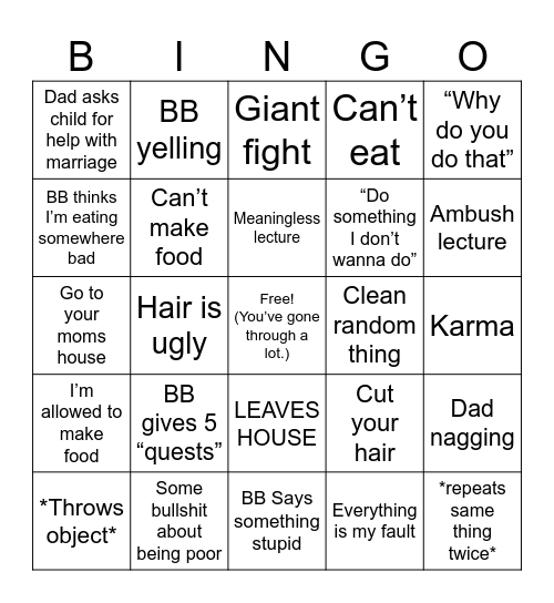 Terrible Stepmom BINGO Card