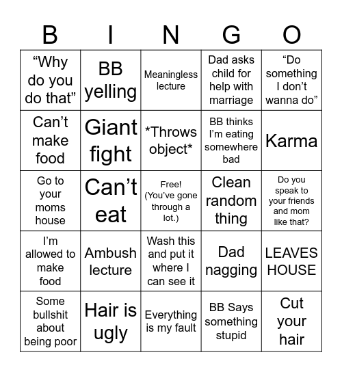Terrible Stepmom BINGO Card