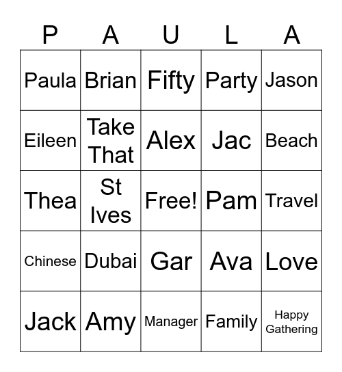 Paulas 50th Bingo Card