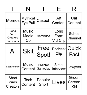 YT Shorts Bingo V1 Bingo Card