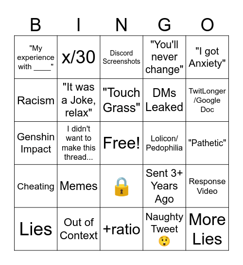 Twitter Drama Bingo Card