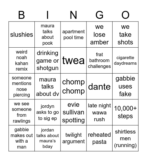 Saturday 3pm to MIDNIGHT Bingo Card