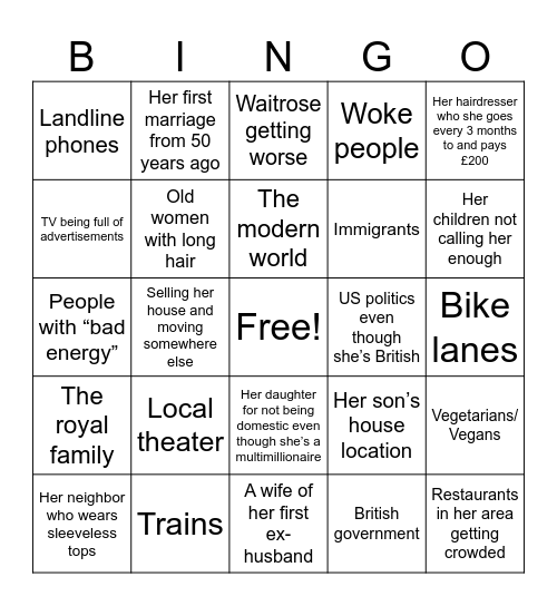 Things my grandmother complains about Bingo Card