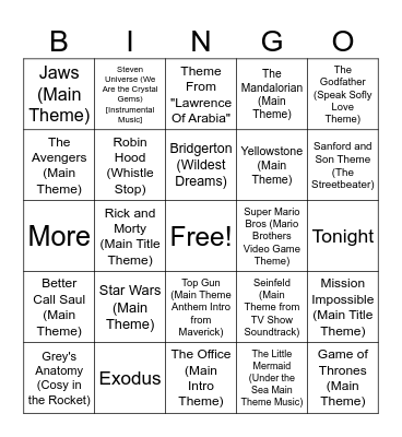Movie & TV Music Bingo Round #4 Bingo Card