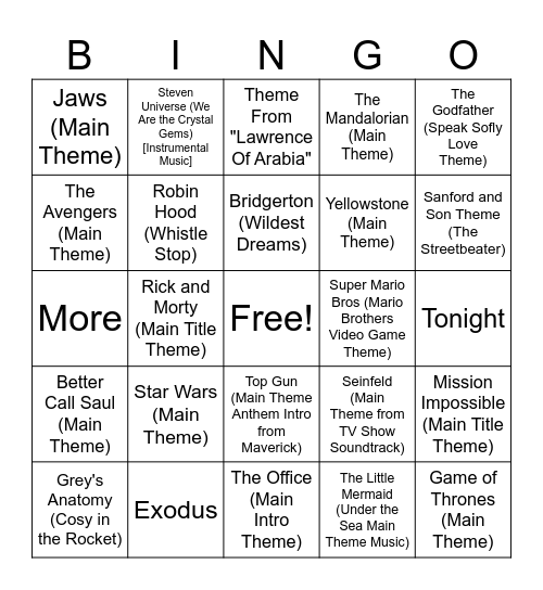 Movie & TV Music Bingo Round #4 Bingo Card