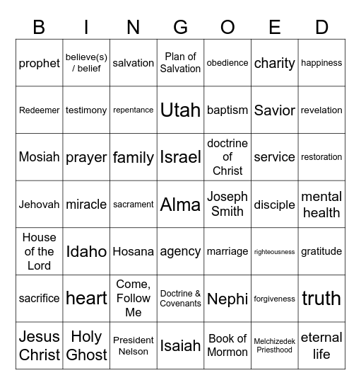 General conference bingo Card