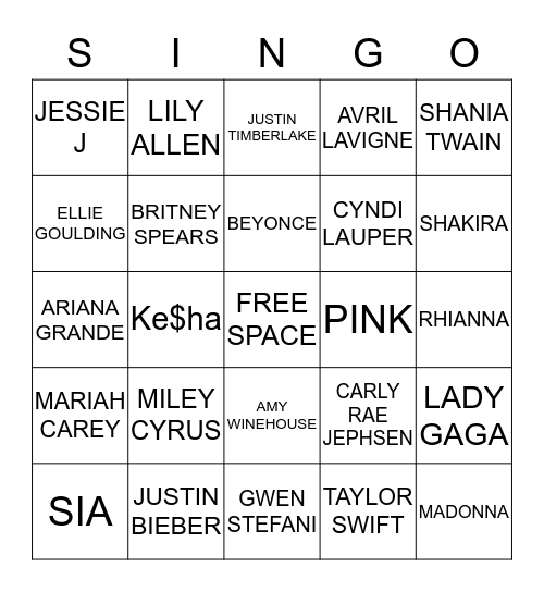 Round ONE - POP MUSIC Bingo Card