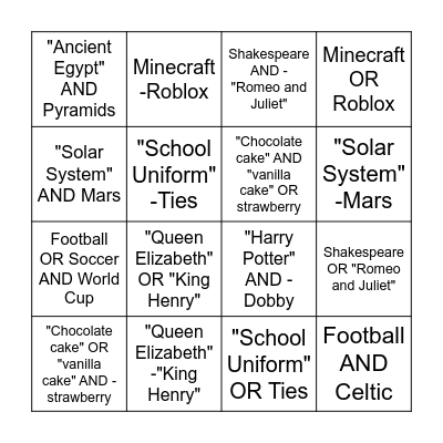 Boolean Bingo Card