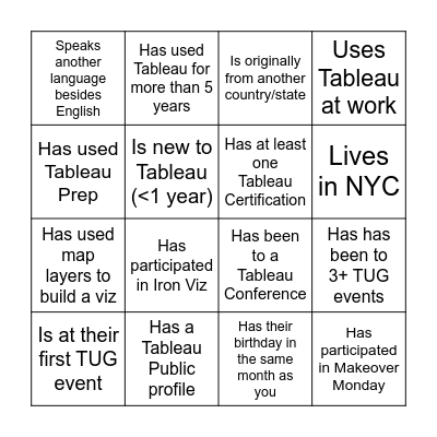 NYC TUG Bingo: Find someone who... Bingo Card