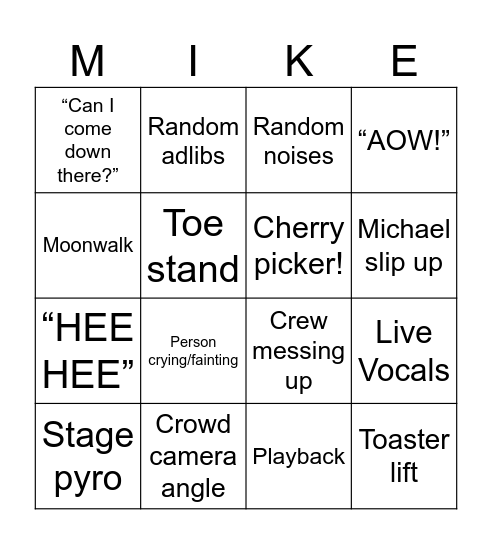 Michael Jackson (Concert) Bingo Card