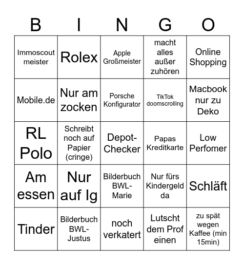 BWL Vorlesungs Bingo Card
