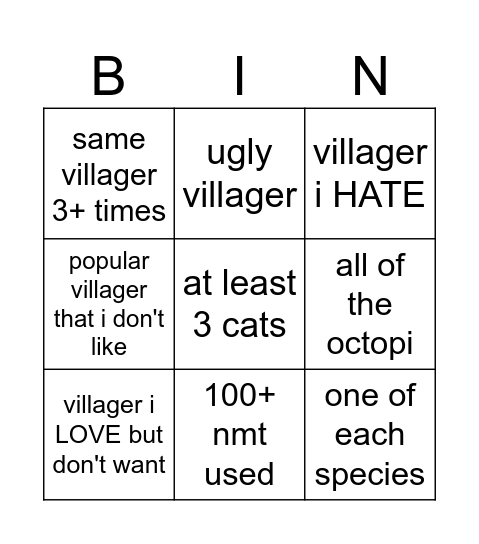 acnh bingo Card