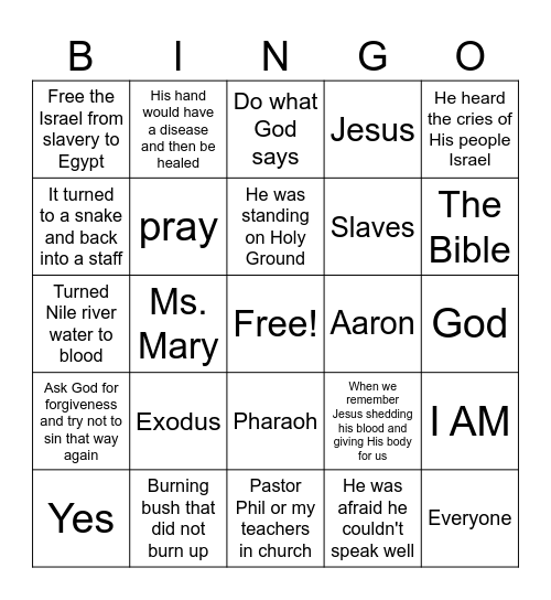 God talks to Moses Bingo Card