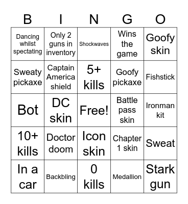 Fortnite bingo Card