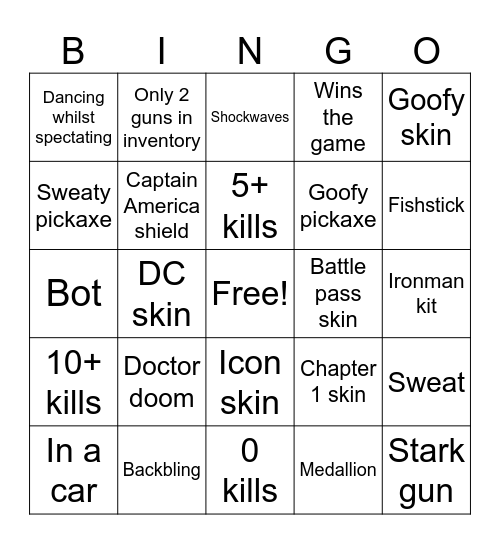 Fortnite bingo Card