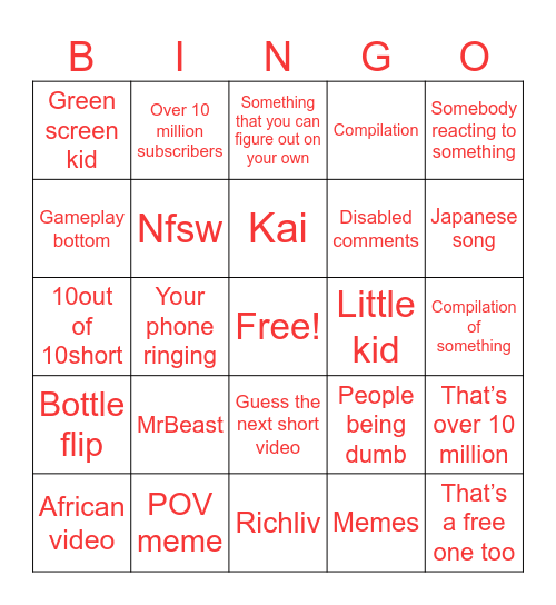 Shorts Bingo Card