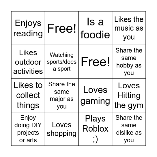 Roblox Bingo Card