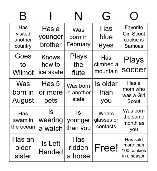 Girl Scout Bingo... find someone who: Bingo Card