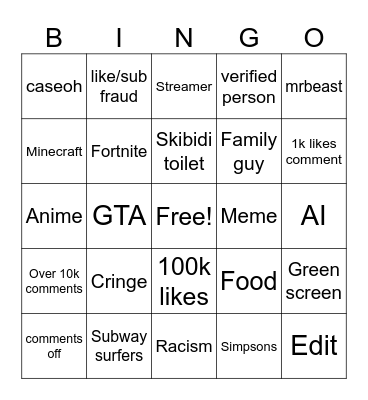 YT shorts bingo Card