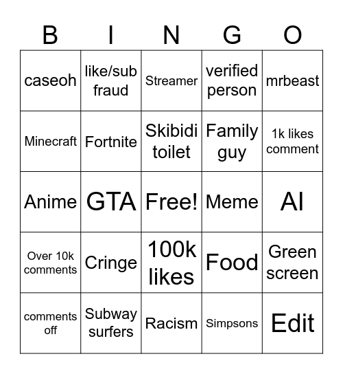 YT shorts bingo Card