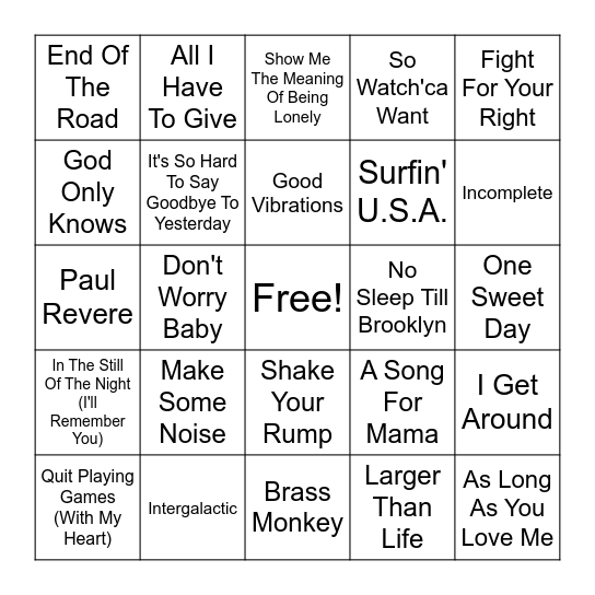 The Boys Are Back In Town! Bingo Card