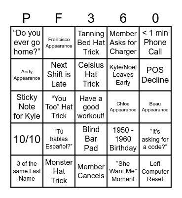 Planet Fitness Bingo Card