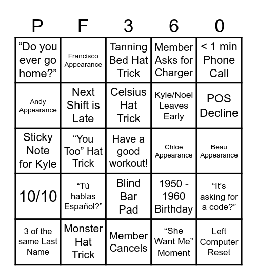 Planet Fitness Bingo Card