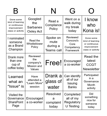Governance Month BINGO Card
