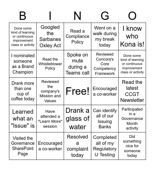 Governance Month BINGO Card