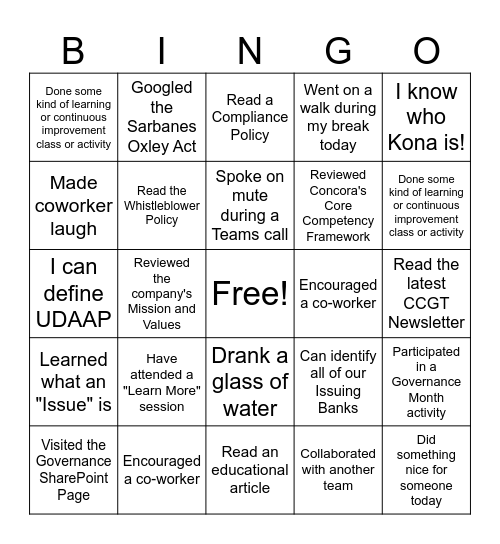 Governance Month BINGO Card