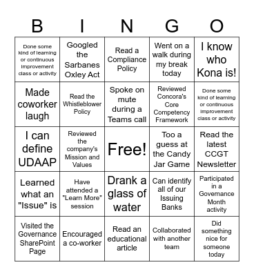 Governance Month BINGO Card