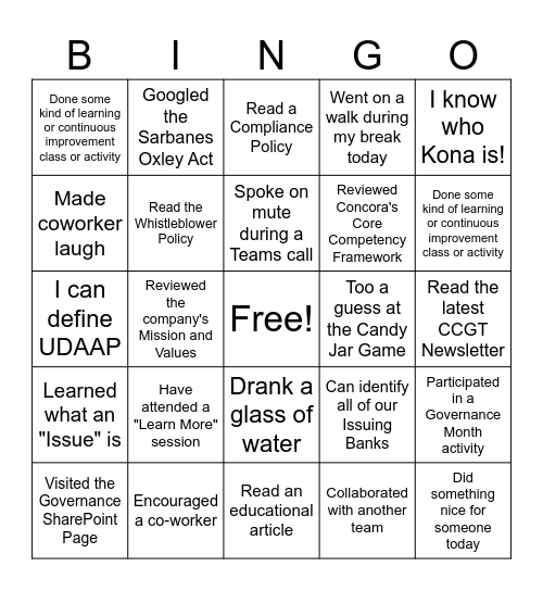 Governance Month BINGO Card