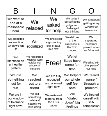 FSG Trauma Recovery Bingo Card