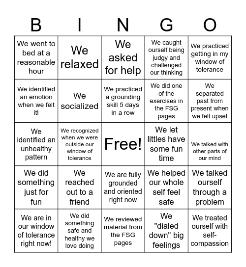 FSG Trauma Recovery Bingo Card