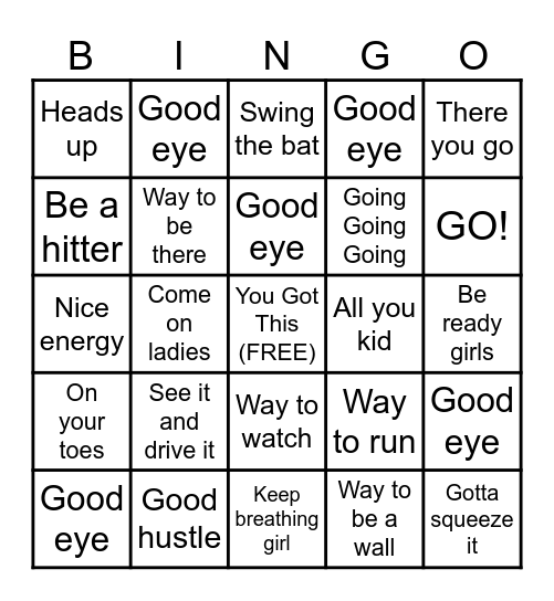 Softball Parents Bingo Card