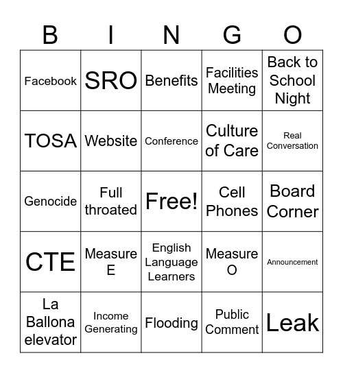School Board Bingo Card