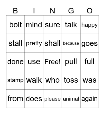Trick Word Bingo Card