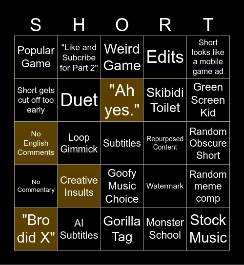 Youtube Shorts Bingo Card