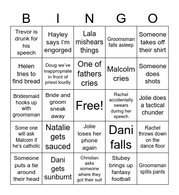 J&M wedding Bingo Card